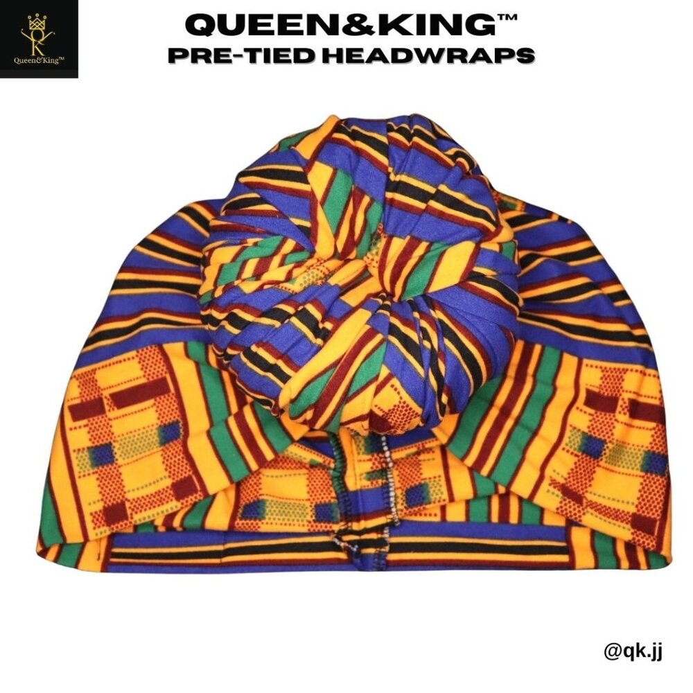 Pre-tied Headwrap (Blue & Orange Kente)